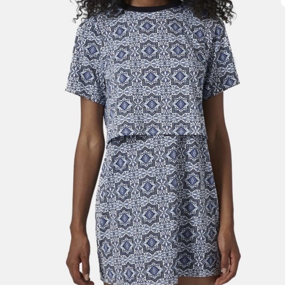 Topshop Blue And White Mosaic Patterned Mini Dress Size Us 4
